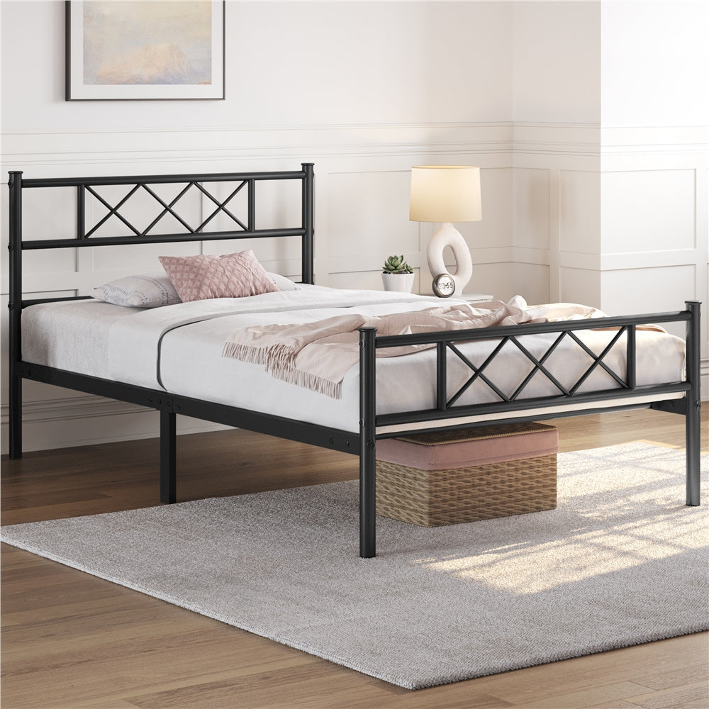 ALDEN DESIGN Bed Frame, Metal Platform Bed with Cross-design Headboard, Bed Base, Metal Bed Frame with Footboard for Bedrooms, Guest Rooms, Dormitories, Apartments, Black/White,Twin/Full/Queen Size