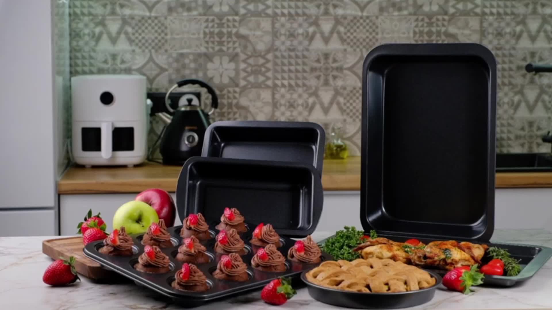 Baking Pans Nonstick Set, 5pcs Bakeware Sets with Round/Square Cake Pan, Muffin Pan, Loaf Pan, Roast Pan, Baking Sheets for Oven, Mobzio Kitchen Cookware Sets Baking Supplies