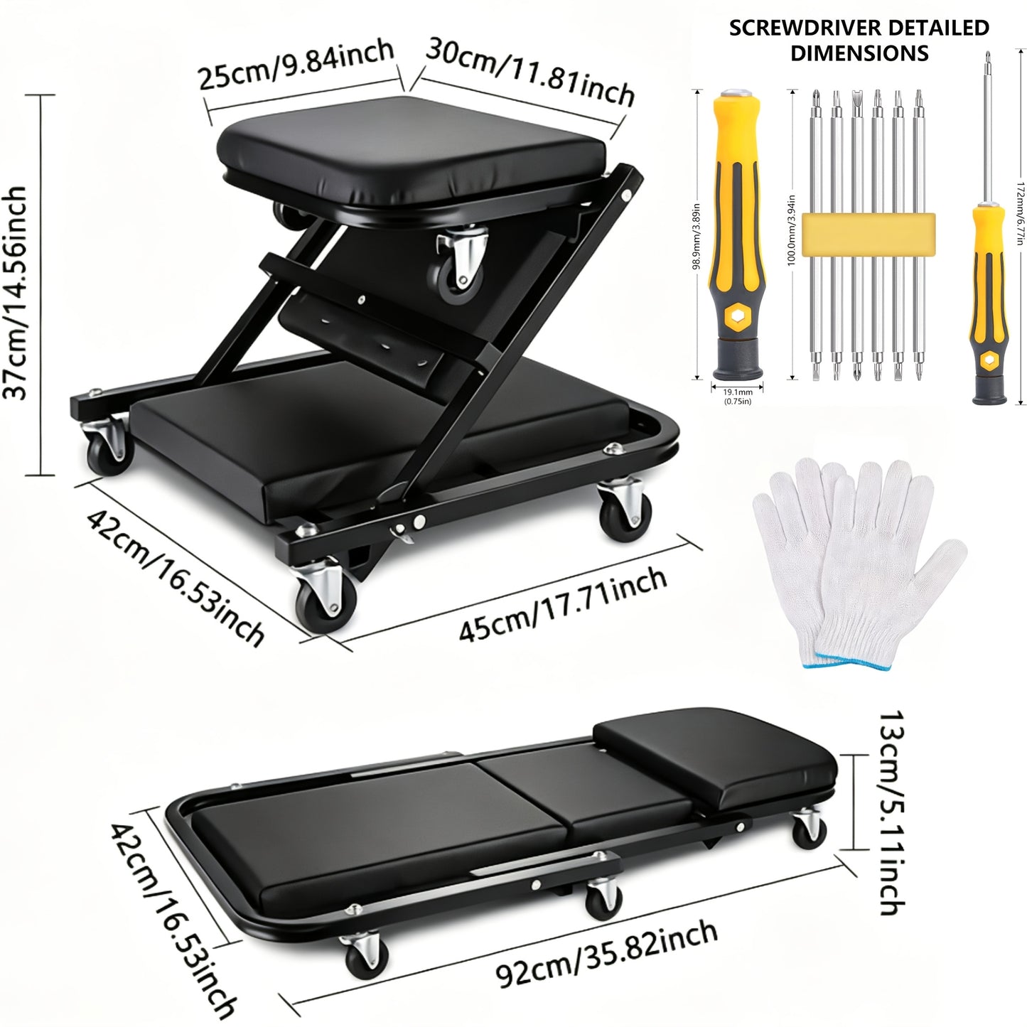 Mechanic Creeper Seat with Rolling Tool Tray – Adjustable Folding Garage Chair, 36" Z-Track, Heavy-Duty Wheels, Padded Seat – Auto Repair Stool for Workshop, Home Garage Canada