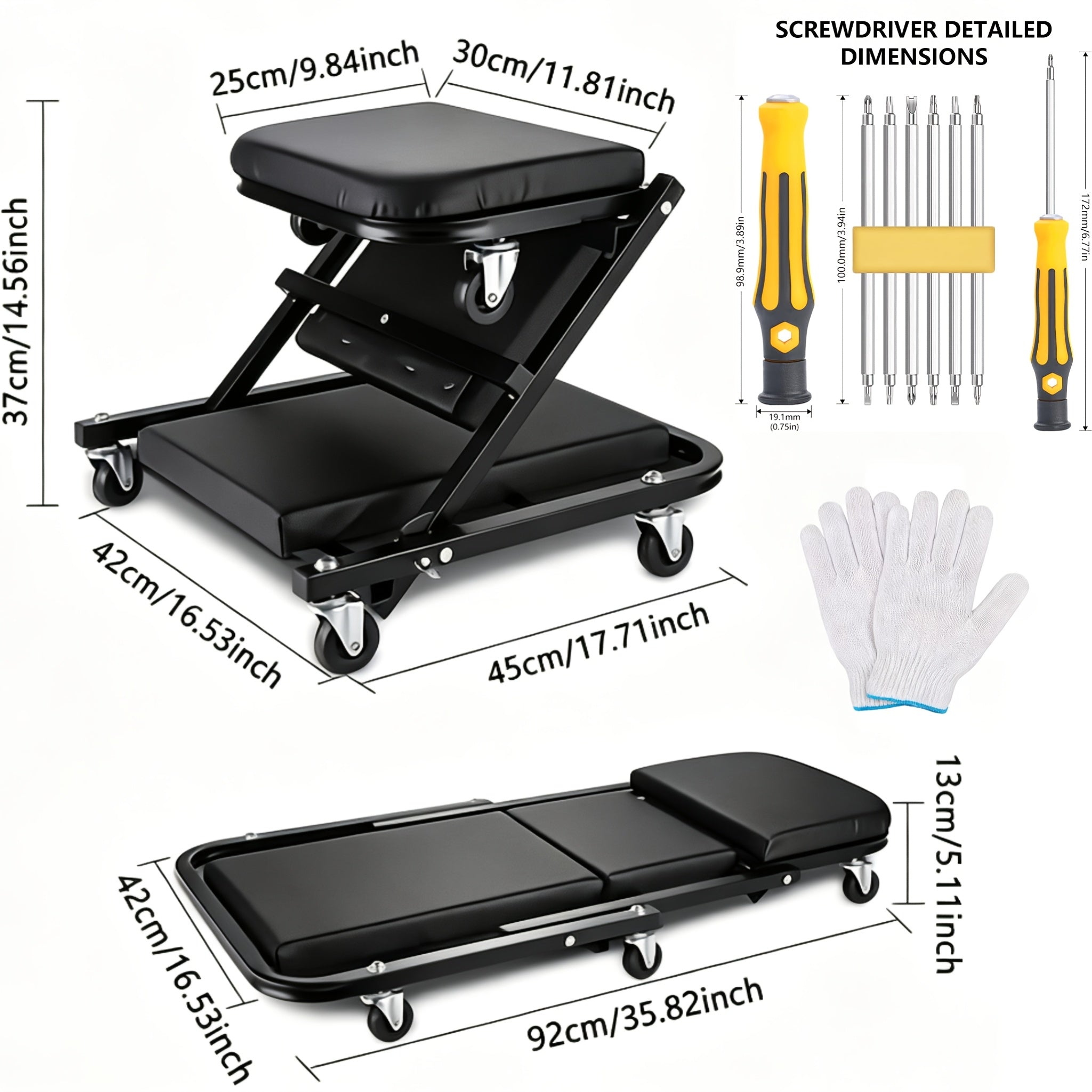 Mechanic Creeper Seat with Rolling Tool Tray – Adjustable Folding Garage Chair, 36" Z-Track, Heavy-Duty Wheels, Padded Seat – Auto Repair Stool for Workshop, Home Garage Canada