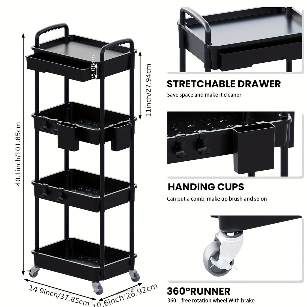 [Multifunctional Storage Cart] 3-Tier/4-Tier Rolling Storage Organizer Cart with Drawer & Hooks | Multifunctional Plastic Utility Cart On Wheels for Kitchen, Bathroom, Office, Living Room - Space-Saving Mobile Storage Solution