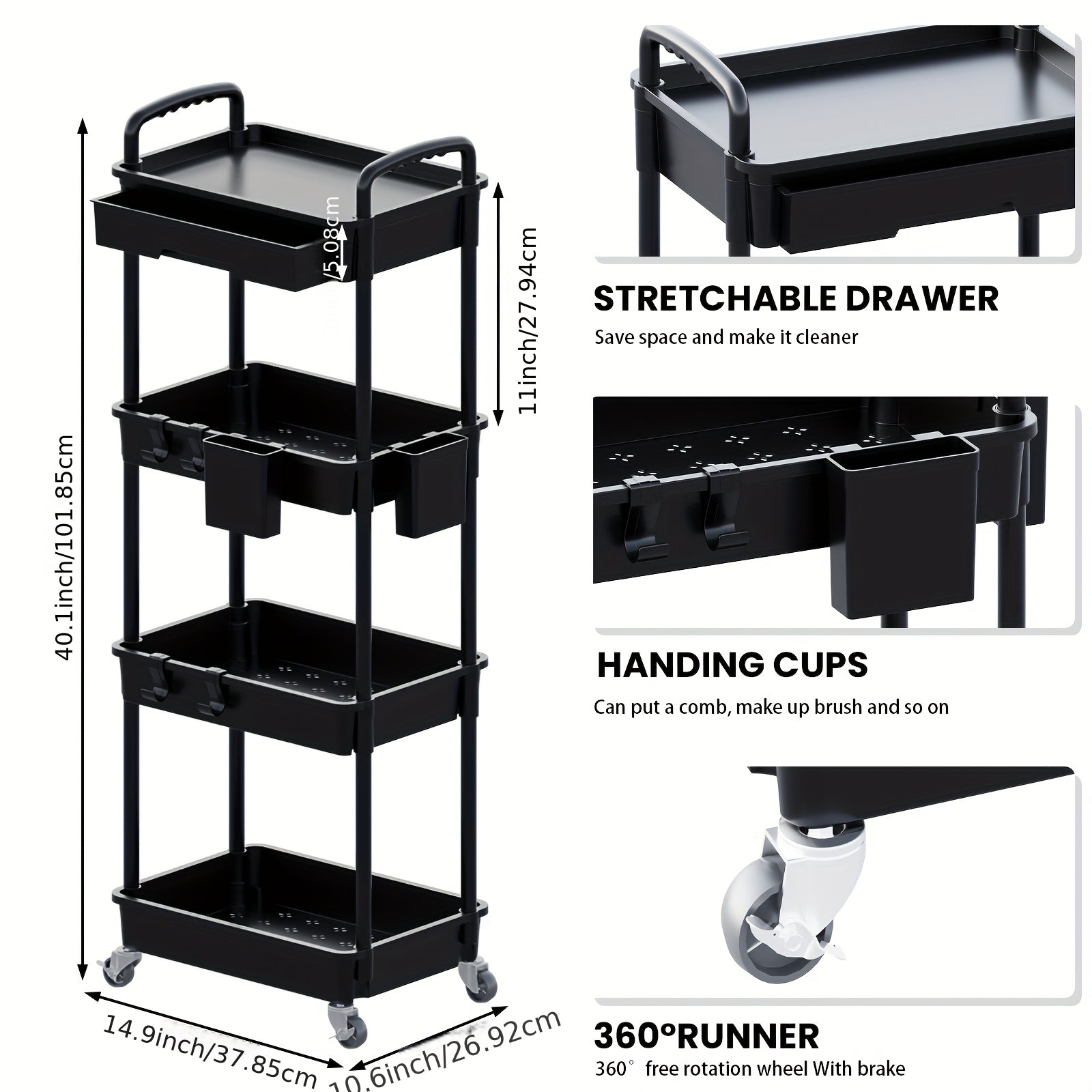[Multifunctional Storage Cart] 3-Tier/4-Tier Rolling Storage Organizer Cart with Drawer & Hooks | Multifunctional Plastic Utility Cart On Wheels for Kitchen, Bathroom, Office, Living Room - Space-Saving Mobile Storage Solution