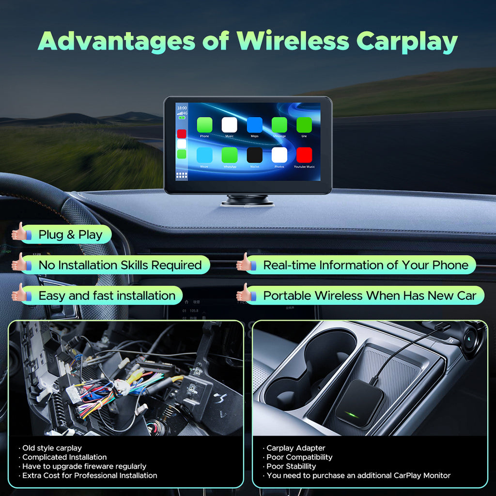 Lamtto 9.26 inch Car Stereo for Wireless Car play and Android Auto, Portable Carplay Screen for Car, with FM, GPS Navigation, AirPlay, AUX/FM, Bluetooth, Voice Control for Android 11+ (7-inch, 9-inch, and 9.26-inch models are available)