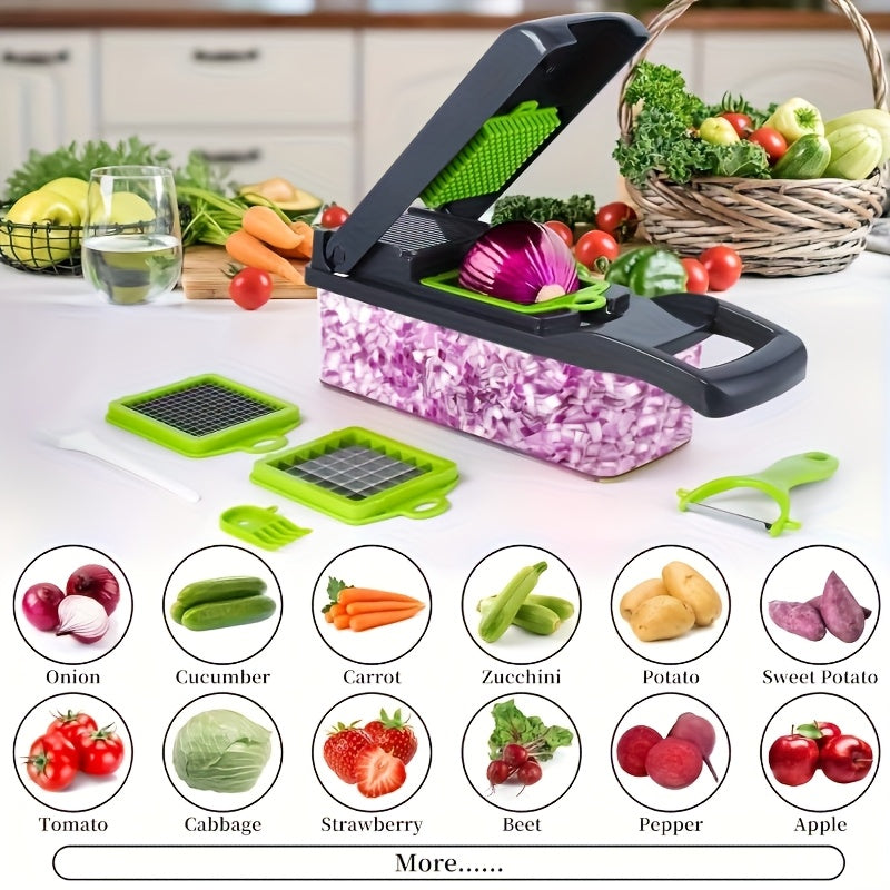 Professional Onion Chopper 16-in-1 Vegetable Slicer Dicer Multifunctional Food Chopper with 8 Blades & Container, Kitchen Carrot Potato Cutter Tool for Meal Prep, Gray Black