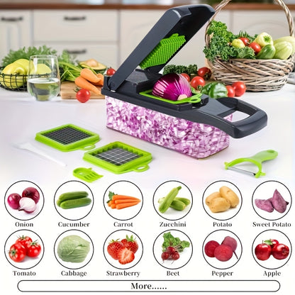 Professional Onion Chopper 16-in-1 Vegetable Slicer Dicer Multifunctional Food Chopper with 8 Blades & Container, Kitchen Carrot Potato Cutter Tool for Meal Prep, Gray Black