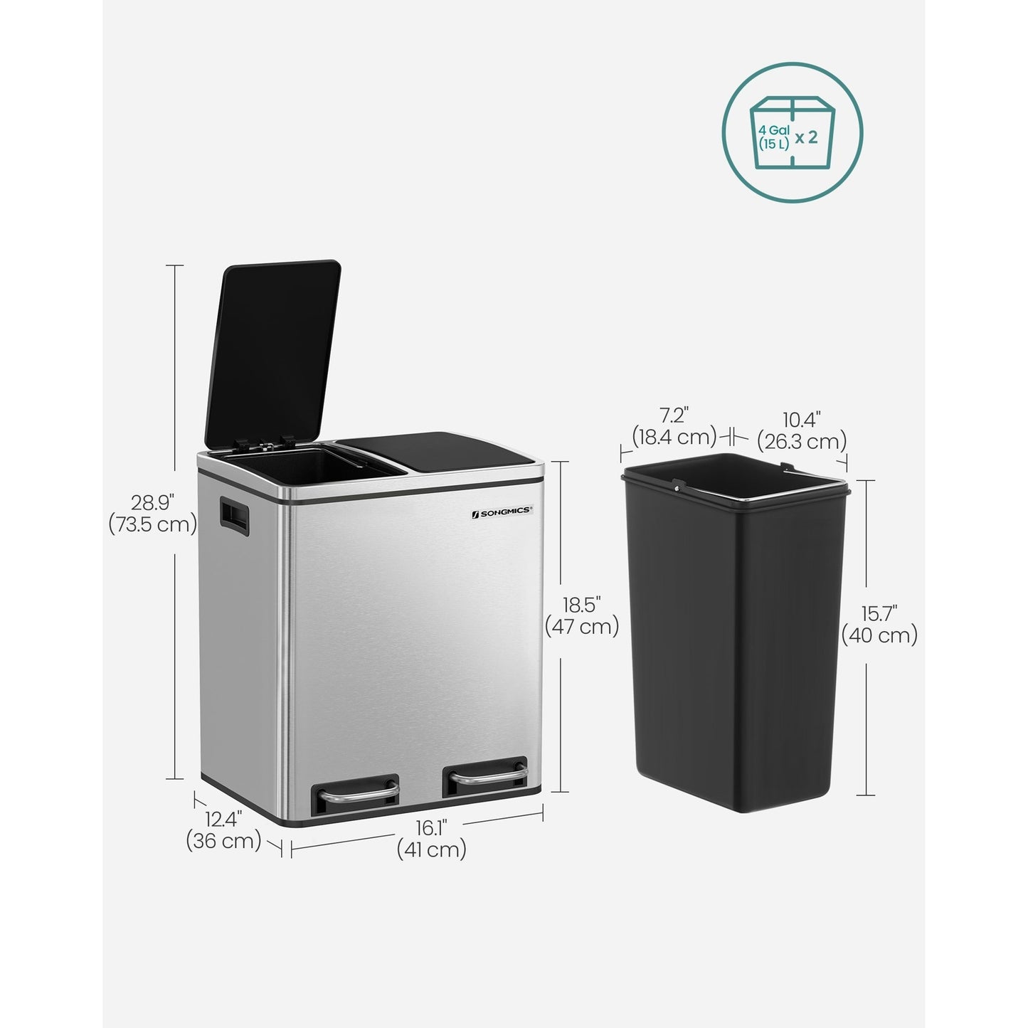 Dual Compartment Stainless Steel Recycling Trash Can – 2 x 4 Gallon (2 x 15L) Kitchen Recycle Bin with Soft-Close Lids, Foot Pedals & Removable Inner Buckets – Fingerprint-Resistant Silver