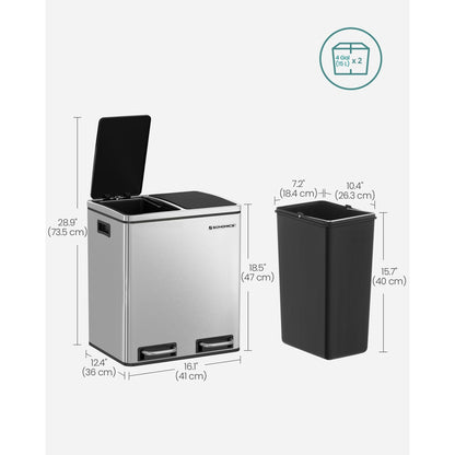 Dual Compartment Stainless Steel Recycling Trash Can – 2 x 4 Gallon (2 x 15L) Kitchen Recycle Bin with Soft-Close Lids, Foot Pedals & Removable Inner Buckets – Fingerprint-Resistant Silver