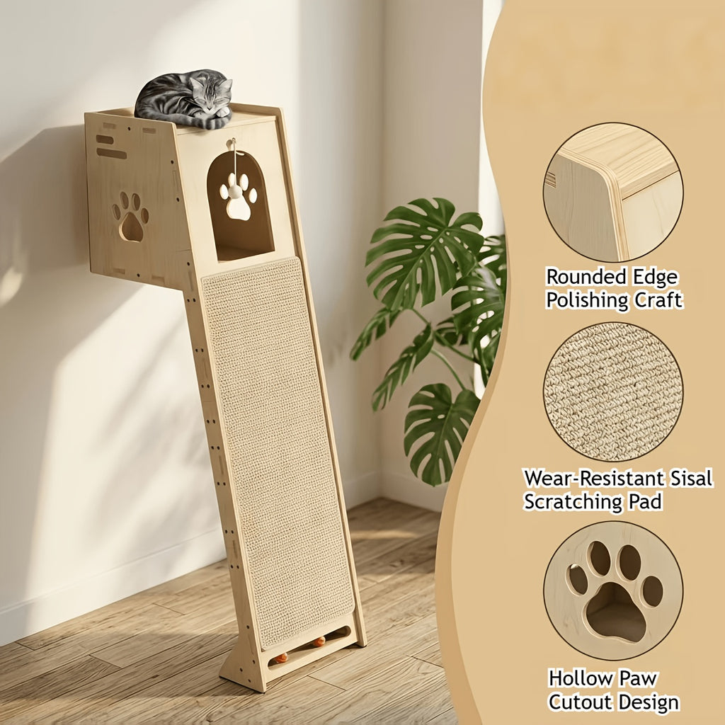 Wall Mounted Indoor Cat Tree Tower for Large Cats And Kittens, 59 Inch Wood Cat Tree with Spacious Cat Cave, Scratching Board And Pom-Pom Toy, Space-Saving Cat Furniture for Small Apartments, Canadian Stock