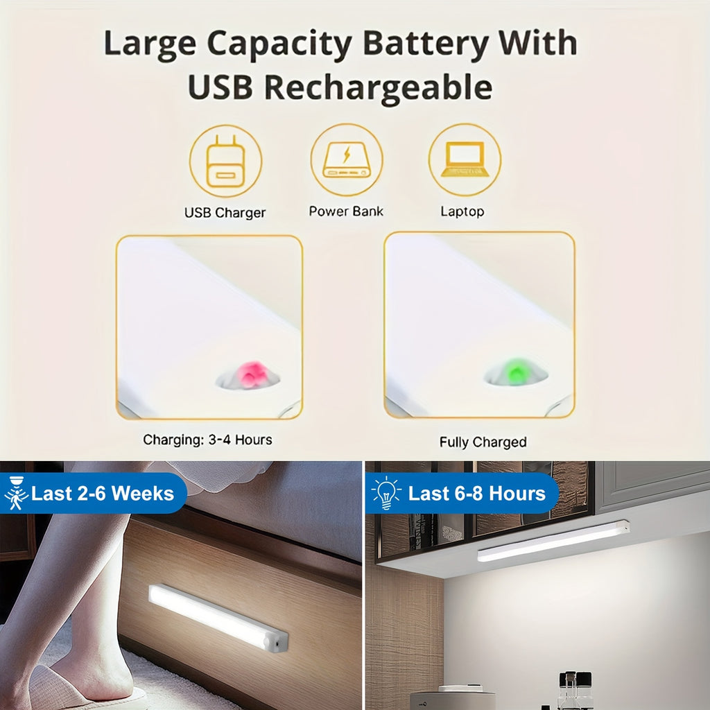 6 Pack LED Motion Sensor Light, USB Rechargeable Under Cabinet Lights, White Light Magnetic Undercounter Lighting, Dimmable Night Light LED Sensor Lights for Bedroom, Kitchen, Bathroom, Wardrobe, Desk, Closets Cupboard Stairs Corridor