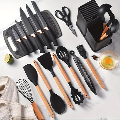 19-Piece Silicone Kitchen Utensils & Stainless Steel Knife Set with Block – Cooking Tools, Chef Knives, Scissors, Whisk, Tongs & Cutting Board
