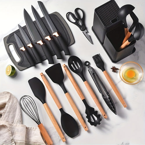 19-Piece Silicone Kitchen Utensils & Stainless Steel Knife Set with Block – Cooking Tools, Chef Knives, Scissors, Whisk, Tongs & Cutting Board