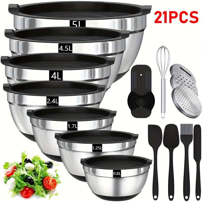 [Stainless Steel Mixing Bowls] 21pcs Stainless Steel Mixing Bowls With Airtight Lids - Non-Slip Colorful Bottom -1.32gal, 1.19gal, 1.06gal, 81.15oz, 57.48oz, 42.27oz, 27.05oz Sizes - Great For Mixing, Baking, Serving