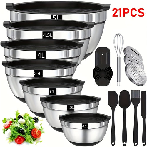 Stainless Steel Mixing Bowls Set 21pcs with Airtight Lids & Non-Slip Colorful Base – 7 Sizes for Mixing, Baking & Serving, Nesting Kitchen Bowls for Home Cooks | ShopVora CA