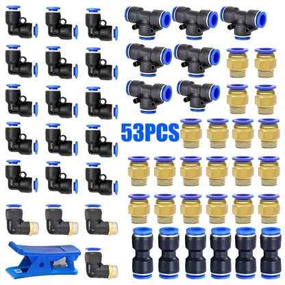 53pcs Pneumatic Quick Connector Set, Barbed Air Hose Fittings & Quick Couplers for 4mm 6mm 8mm Air Hoses, Push-In Pneumatic Fittings Assortment Kit for Air Compressor Tubing – Workshop Garage DIY