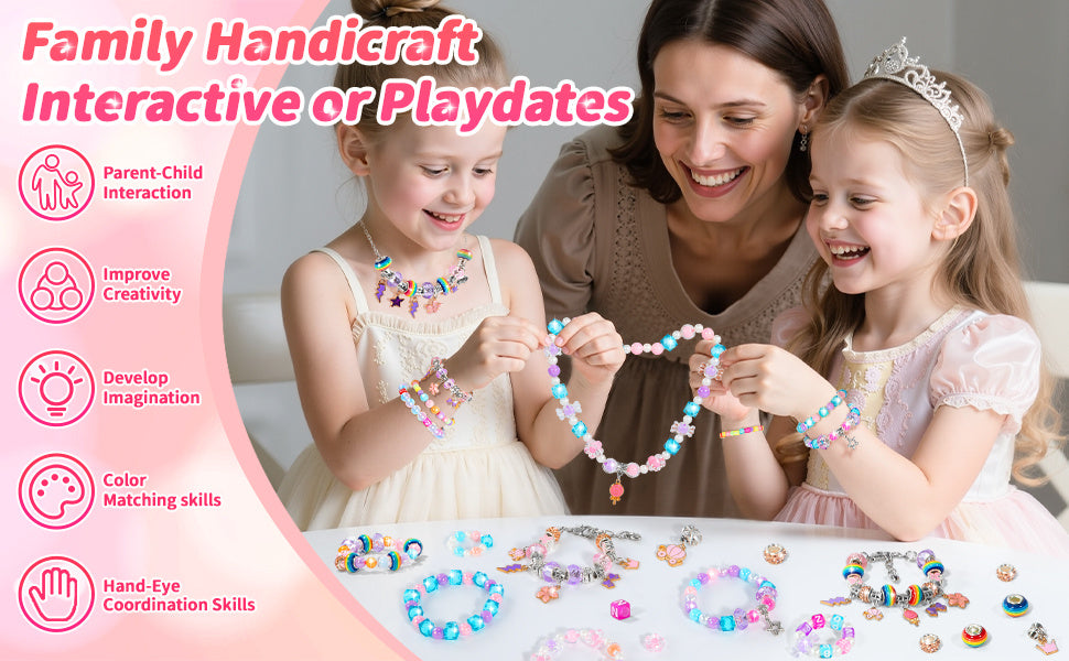 Princess DIY Beaded Jewelry Making Set with Jewelry Box & Mirror - Bracelets, Necklaces & Beads Craft Kit, Birthday Gift for Girls Kids Ages 3 and Up, Pink or Blue