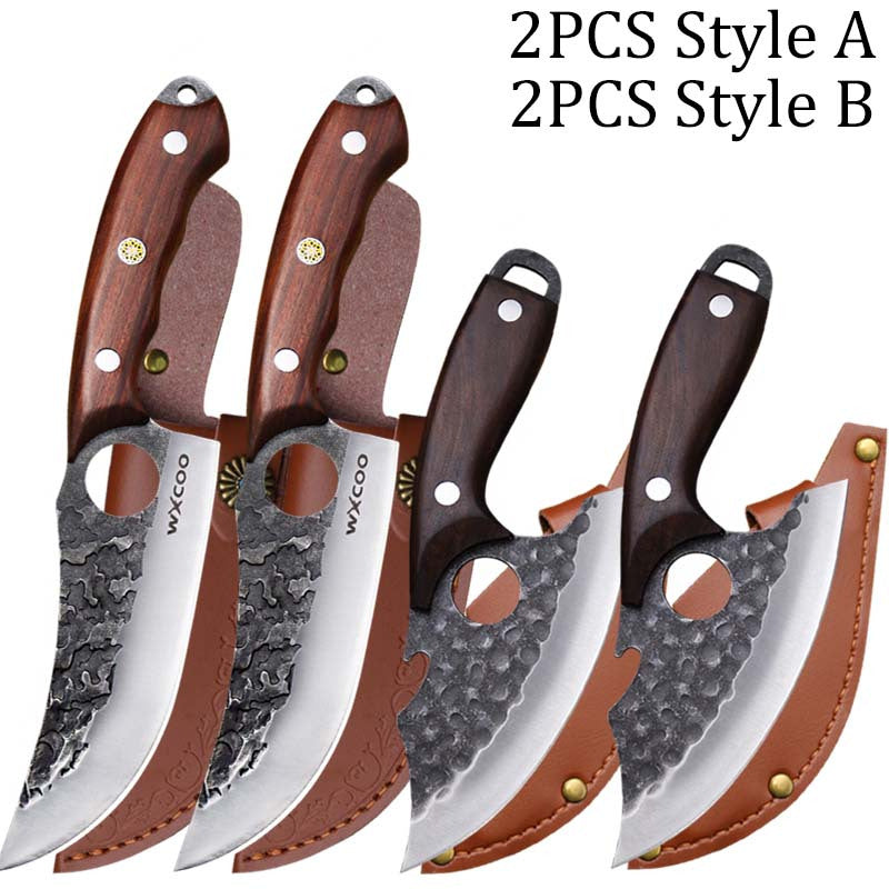 Hammered Chef Knife Set 2/4pcs Japanese Style Stainless Steel – Multipurpose Boning BBQ Fish Knife with Protective Sheath & Wood Handle for Kitchen Camping & Outdoor Cooking | ShopVora CA