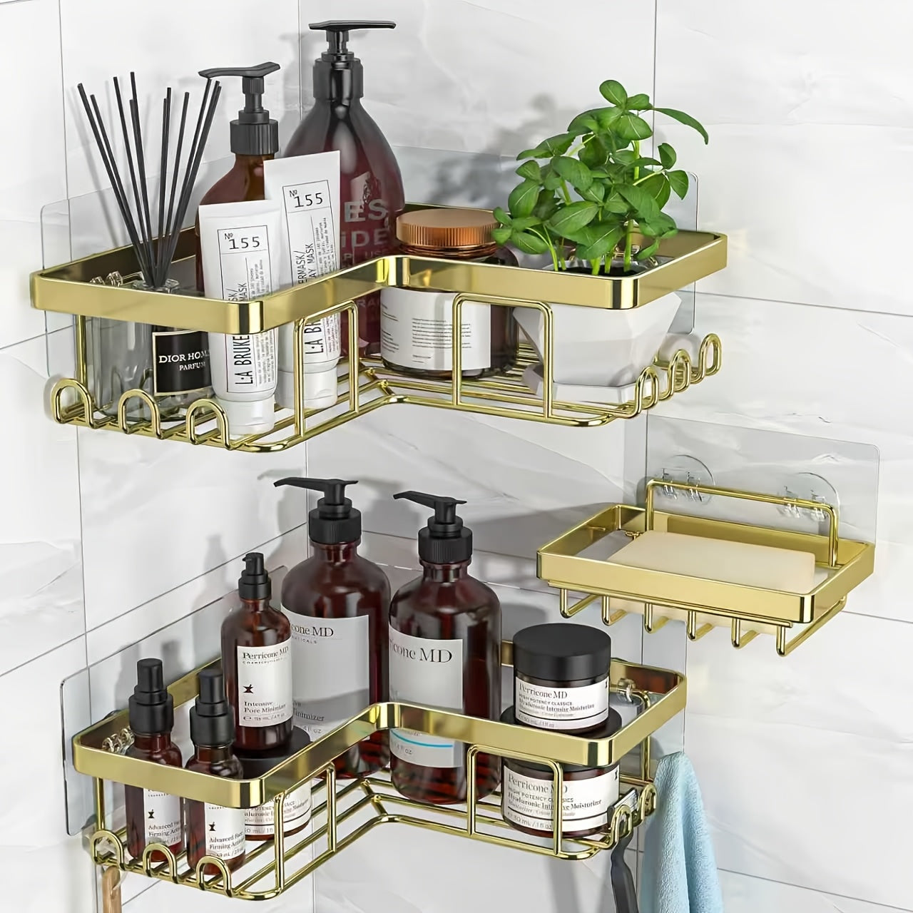 Shower Caddy 3-Pack Wall Mounted Corner Shower Organizer with Soap Holder & 8 Hooks - No Drilling Bathroom Shelf for Shampoo, Conditioner & Kitchen Countertop Storage