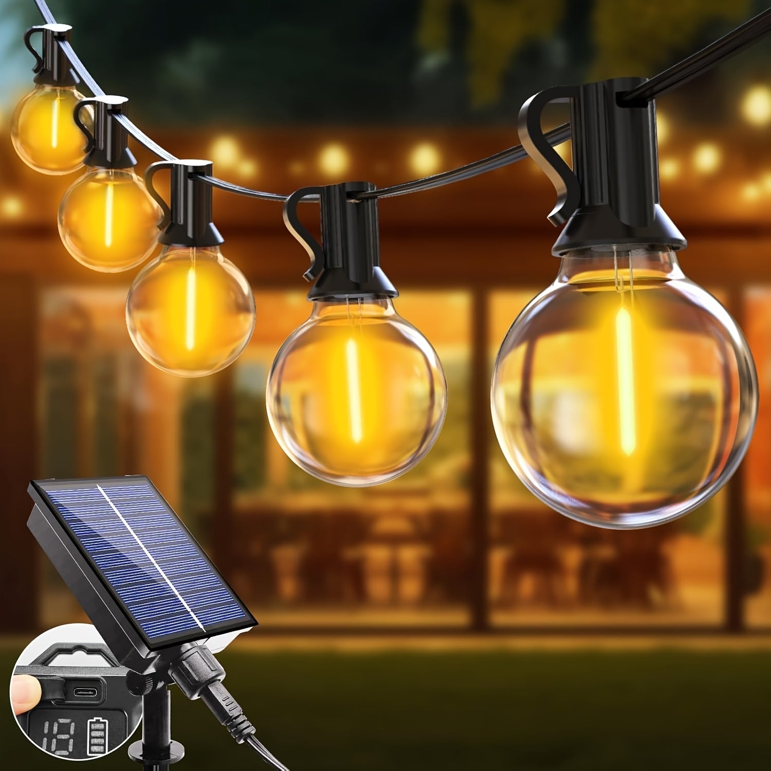 Solar Outdoor String Lights 120ft 53 ST38 LED Bulbs – 5 Modes IP44 Waterproof Solar Garland Lights for Patio Terrace Garden Party Backyard, Warm White