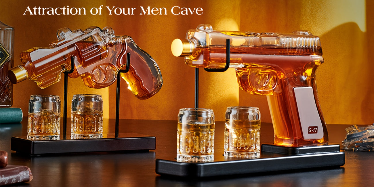 Pistol Whiskey Decanter Set with 2 Shot Glasses – Cool Gun-Shaped Liquor Dispenser for Home Bar, Unique Birthday Anniversary Father's Day Gift for Him, Husband, Men Who Have Everything