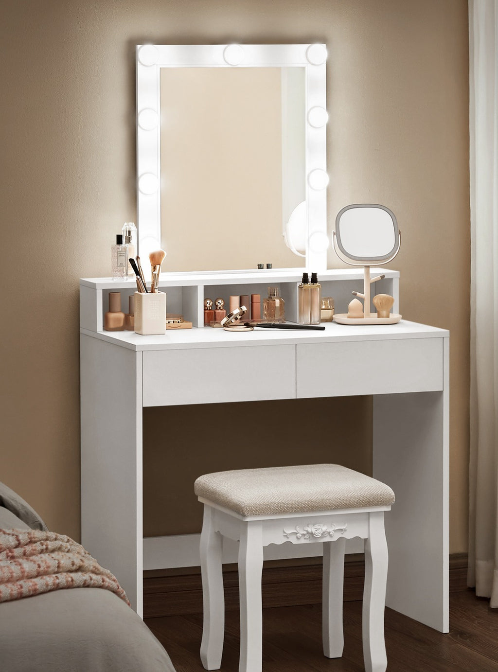 Vanity Desk with Mirror, Makeup Vanity Table with Lights, Adjustable Brightness, 31.5-Inch Wide Makeup Desk with 2 Drawers, 3 Storage Compartments, for Bedroom, Modern, White