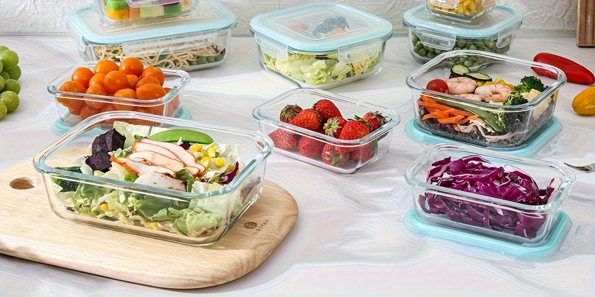 Airtight Glass Food Storage Containers 8pcs – Leak-Proof Borosilicate Meal Prep Containers with Locking Lids, Microwave, Oven, Freezer & Dishwasher Safe, Rectangular BPA-Free Storage Set for Kitchen & On-the-Go, Blue Multicolor