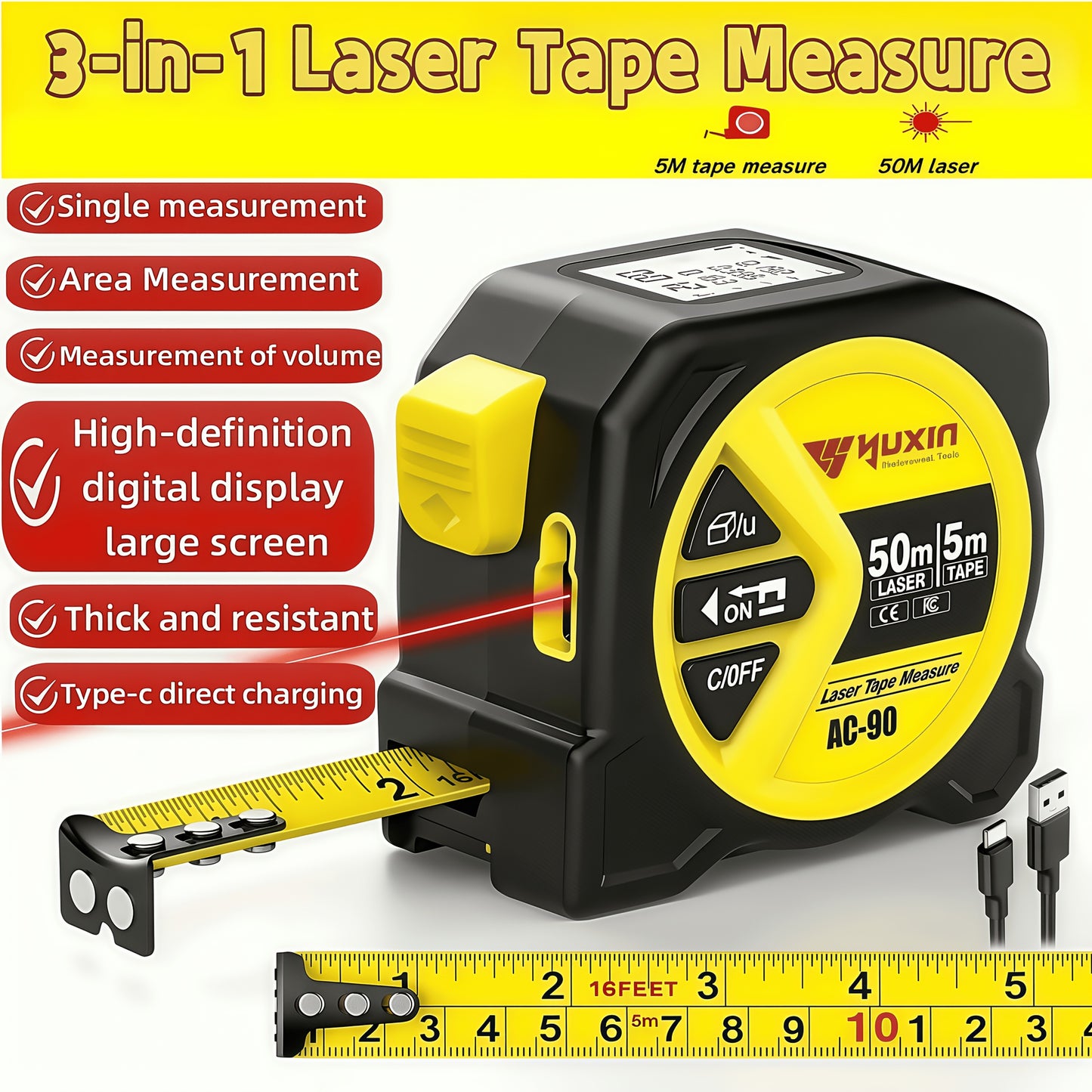 USB Rechargeable Digital Laser Tape Measure – 3-in-1 Infrared Distance Meter with HD Intelligent Display, Measures Distance, Area & Volume, High Precision Smart Measuring Tool for Home, DIY & Construction