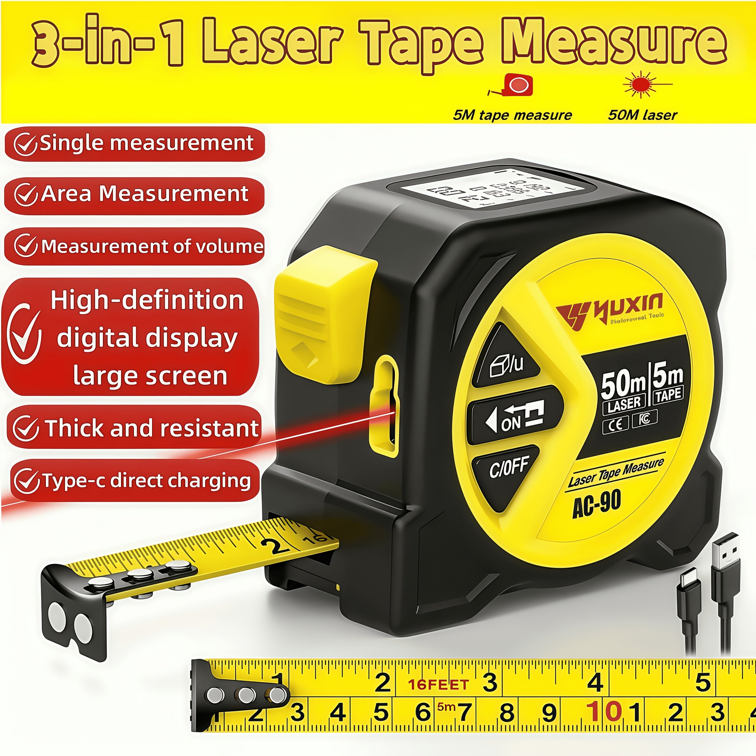 Measuring Tape New Model with USB Chargingdigital Measuring Tape, Laser Tape Measure with High Precision And Multi-function Three-in-one Infrared High-definition Intelligent Digital Display. Measuring Distance/Area/Volume, for Husband, Friends