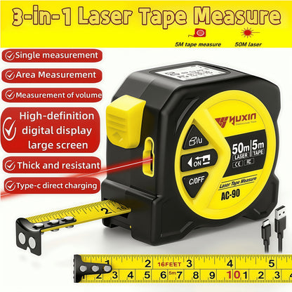 USB Rechargeable Digital Laser Tape Measure – 3-in-1 Infrared Distance Meter with HD Intelligent Display, Measures Distance, Area & Volume, High Precision Smart Measuring Tool for Home, DIY & Construction