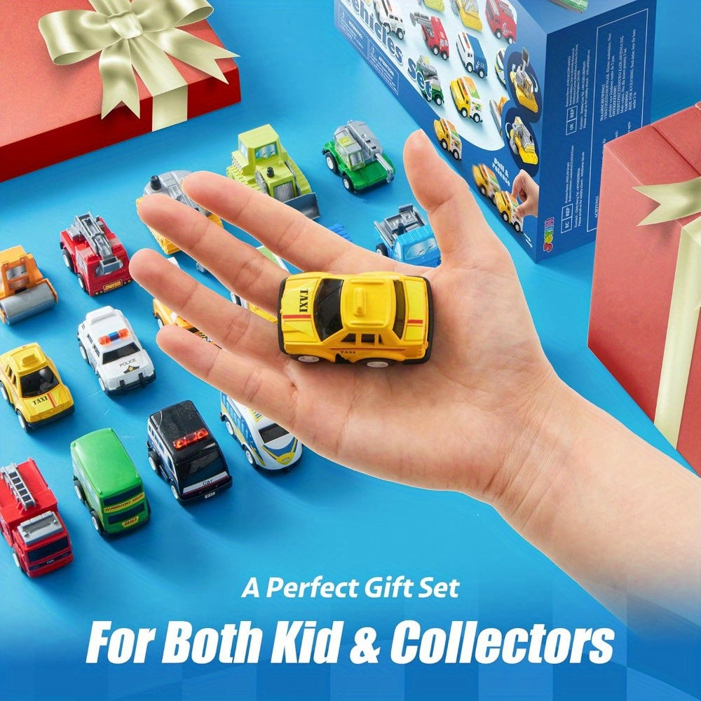 18pcs Pull Back City Cars & Trucks Set: Friction Powered Toy Vehicles For Toddlers, Educational Play For Boys & Girls, Perfect Goodie Bags Stuffers, Multi-Item Party Favor Packs For Children, Perfect Christmas Birthday Gifts For Boys And Girls