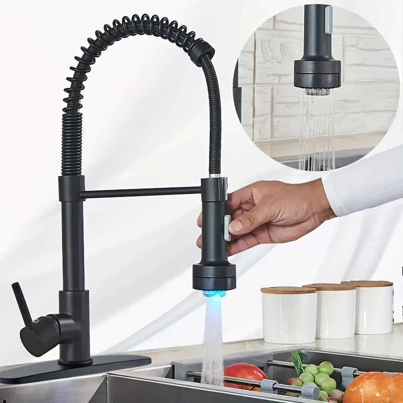 LED Spring Kitchen Faucet with Pull-Down Sprayer – 360° Rotation, Single Handle High Arc, Hot & Cold Mixer, Deck Plate Included, Brushed Nickel / Matte Black / Brushed Gold