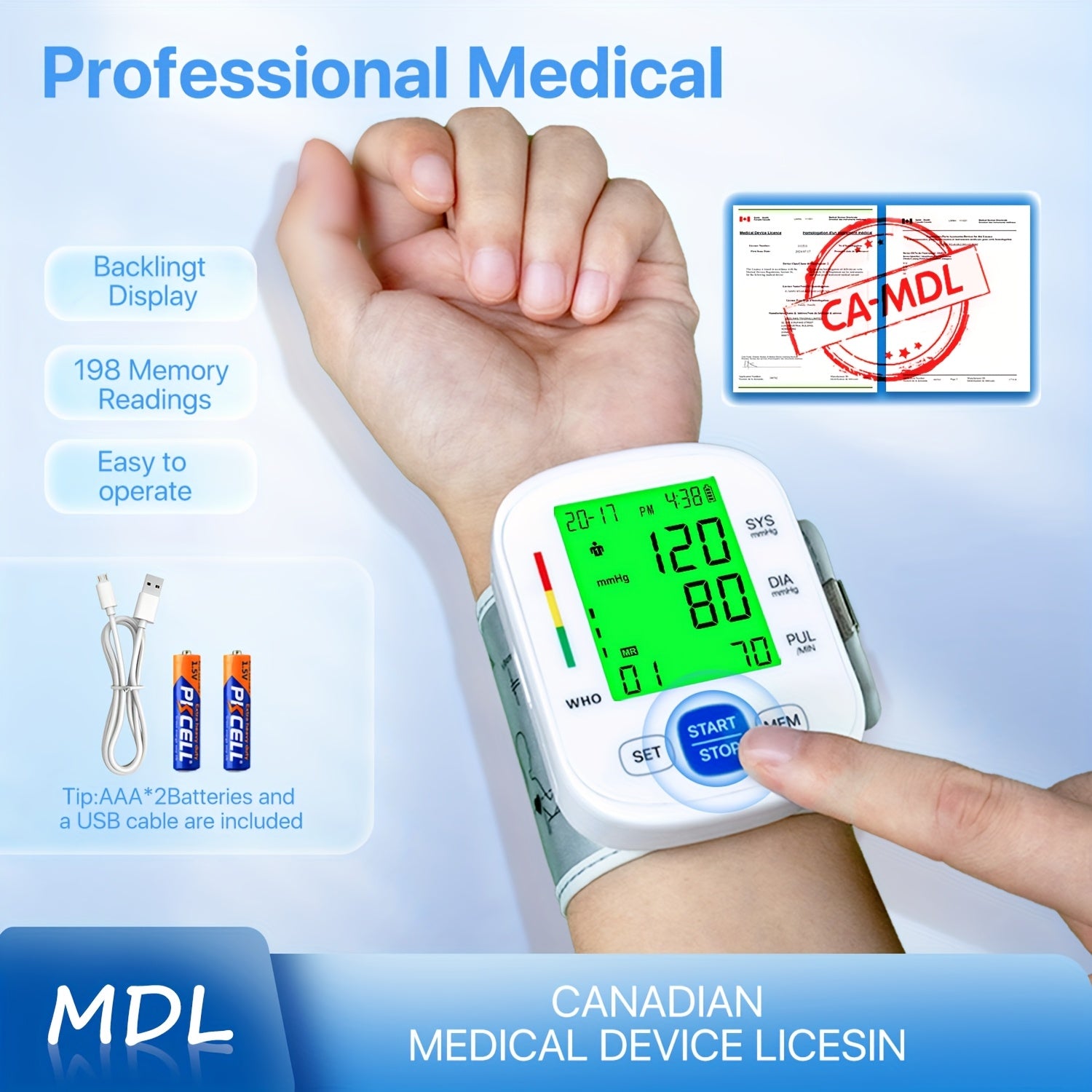 Wrist Blood Pressure Monitor – Portable Automatic Home BP Machine, Dual User Mode, 99 Memory, Color-Coded Backlit Display, One-Touch Reading, USB/Battery, Adjustable Cuff