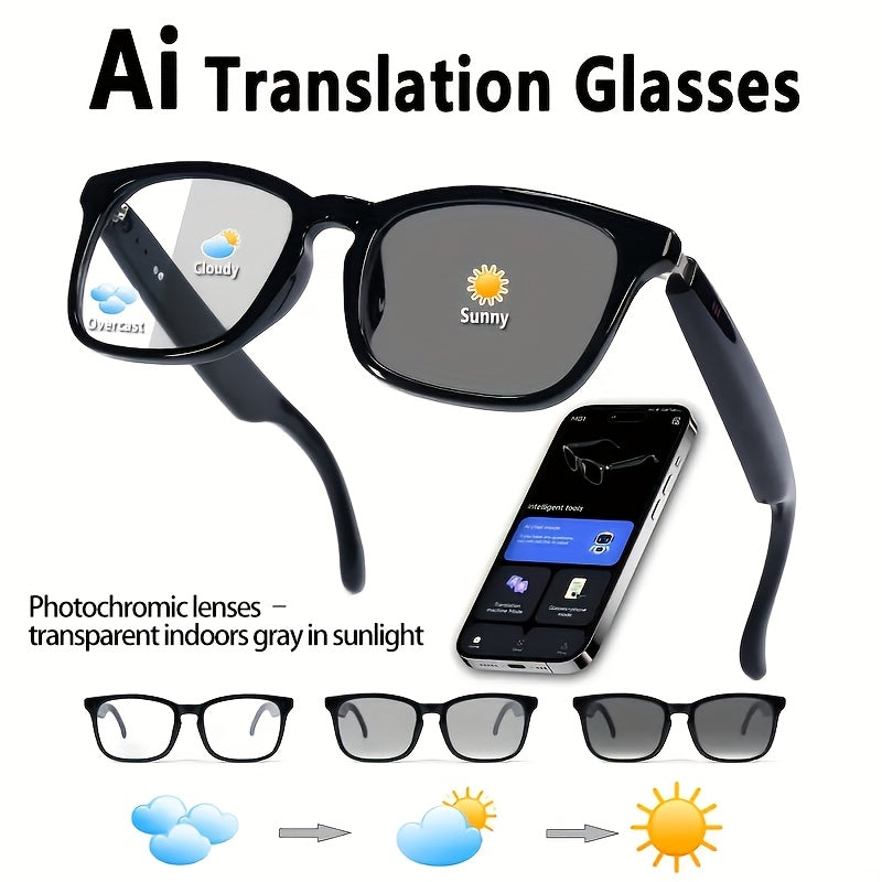AI Smart Translation Glasses – Real-Time 140+ Languages, No Subscription, Photochromic Auto-Darkening Lenses, Light-Up Color-Changing Frame, for Office Travel Daily Wear (Stylish Business Sports Model)