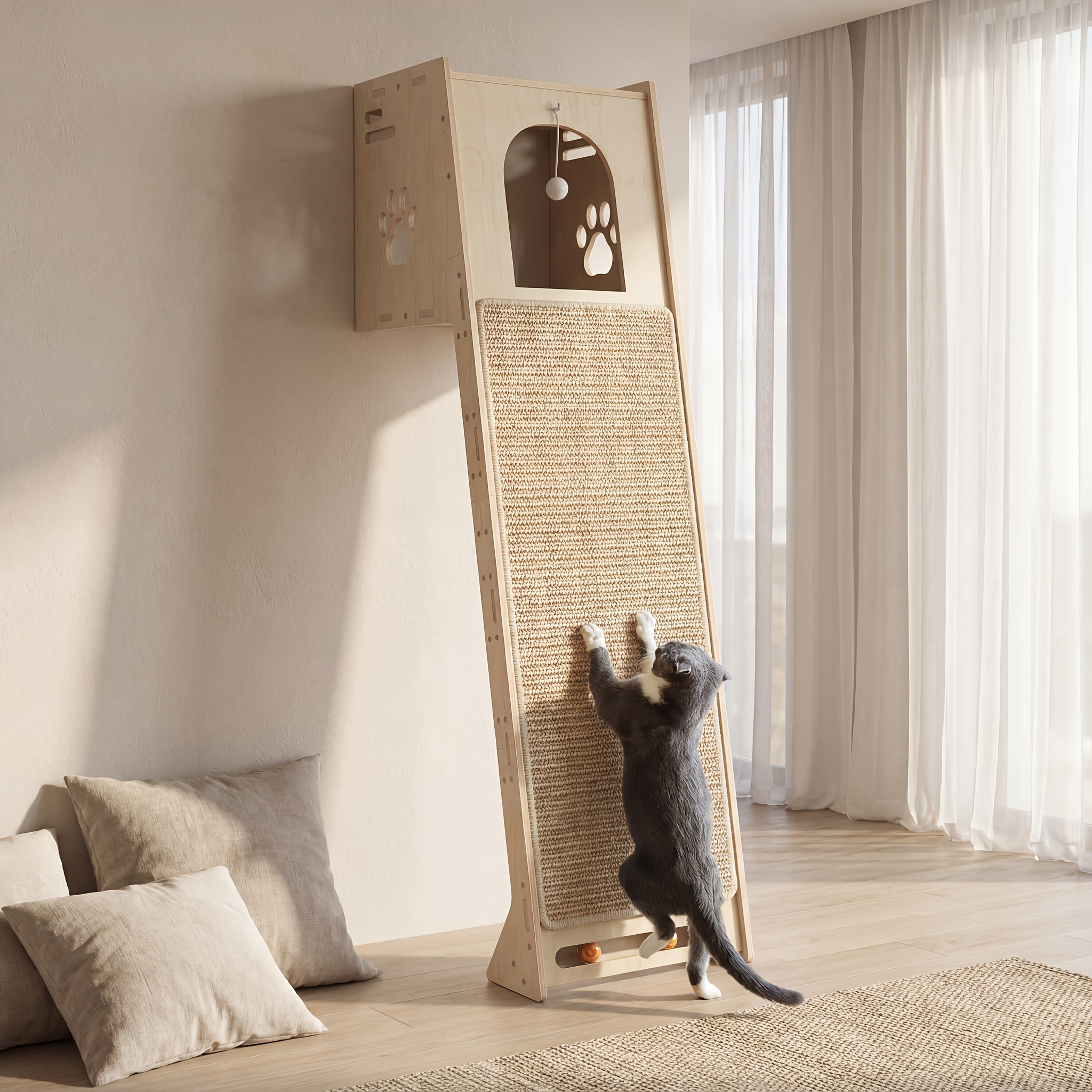 Wall Mounted Indoor Cat Tree Tower for Large Cats And Kittens, 59 Inch Wood Cat Tree with Spacious Cat Cave, Scratching Board And Pom-Pom Toy, Space-Saving Cat Furniture for Small Apartments, Canadian Stock