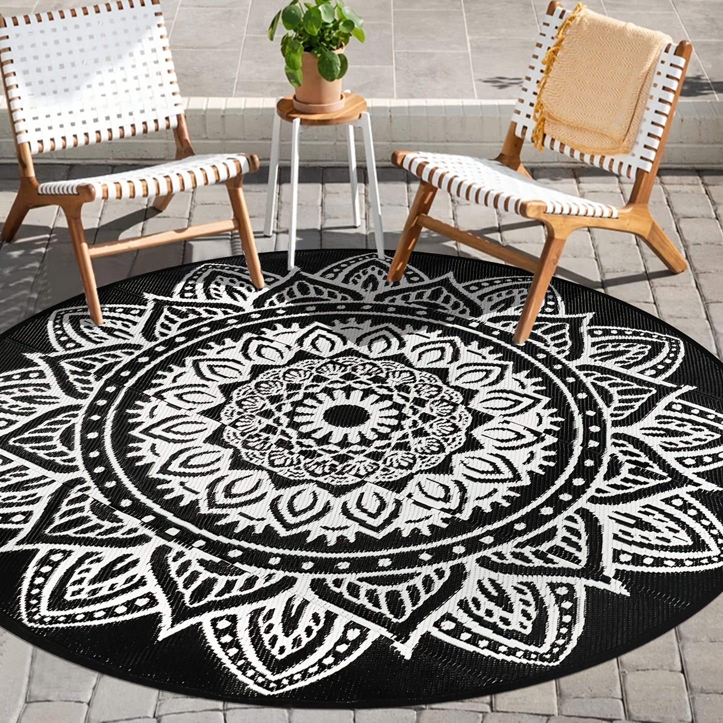 Round Boho Outdoor Rug Reversible Circle Patio Carpet – Lightweight Portable Outdoor Area Rug for Patio, Balcony, Camping & Backyard, Bohemian Style Weatherproof Floor Mat
