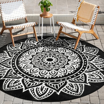 Round Boho Outdoor Rug Reversible Circle Patio Carpet – Lightweight Portable Outdoor Area Rug for Patio, Balcony, Camping & Backyard, Bohemian Style Weatherproof Floor Mat