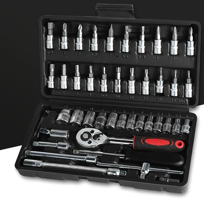 Mechanical Tool Set with Plastic Toolbox – Ratchet Handle, SAE & Metric Sockets, Extension Bar, Universal Joint, Slide Bar & Hex Keys | Manual Automotive Repair Kit | ShopVora CA