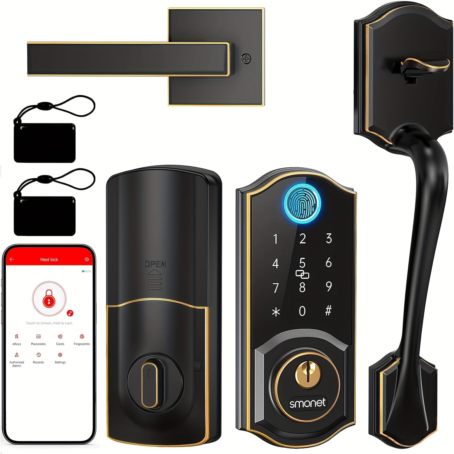 SMONET Smart Front Door Lock Handle Set, Keyless Entry Door Lock with Handle, Smart Deadbolt Auto-Lock Easy to Install, Fingerprint Keypad Buletooth Digital Deadbolt, Work with Alexa, App Control Black