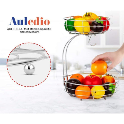 Tiered Fruit Basket Bowl with Banana Hanger – Countertop Fruit & Vegetable Storage, Chrome Wire Organizer, 3-Raised Feet, Classic Ironwork Kitchen Decor | ShopVora CA