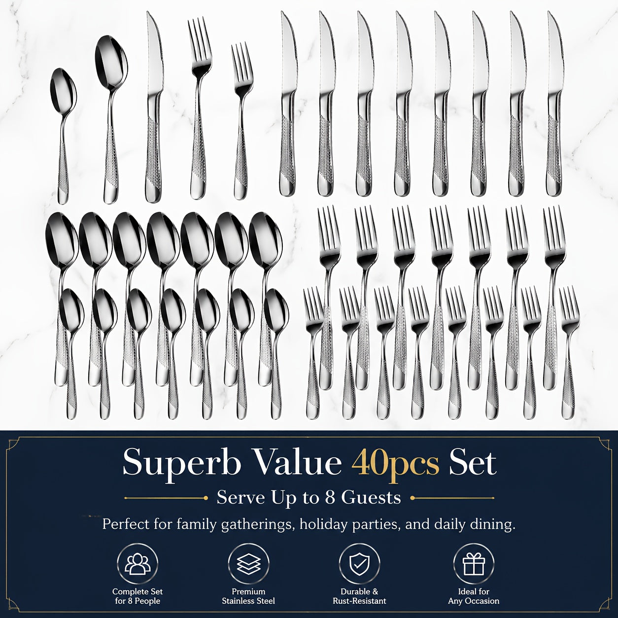 Hammered Stainless Steel Flatware Set 40-Piece – Service for 8 with Knives, Forks & Spoons | Mirror Polished Professional Cutlery, Dishwasher Safe | Silver, Rose Gold & Black | ShopVora CA