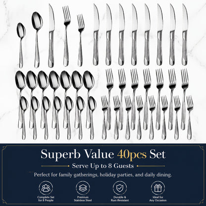 Hammered Stainless Steel Flatware Set 40-Piece – Service for 8 with Knives, Forks & Spoons | Mirror Polished Professional Cutlery, Dishwasher Safe | Silver, Rose Gold & Black | ShopVora CA