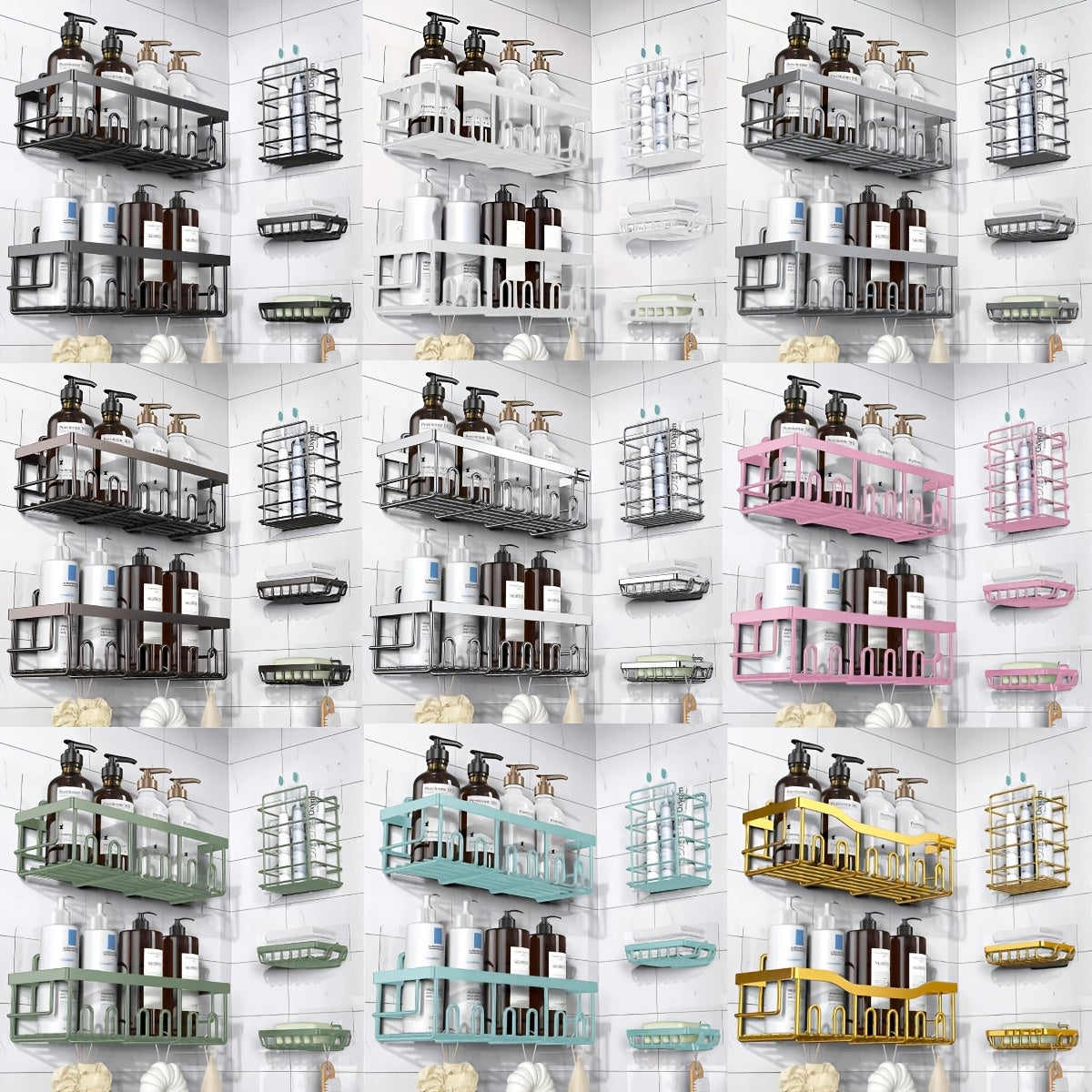 Adhesive Shower Caddy Organizer 5-Pack – No Drilling Rustproof Stainless Steel Shower Shelves with Soap Holder, Wall-Mounted Bathroom Storage Rack for Renters & Families