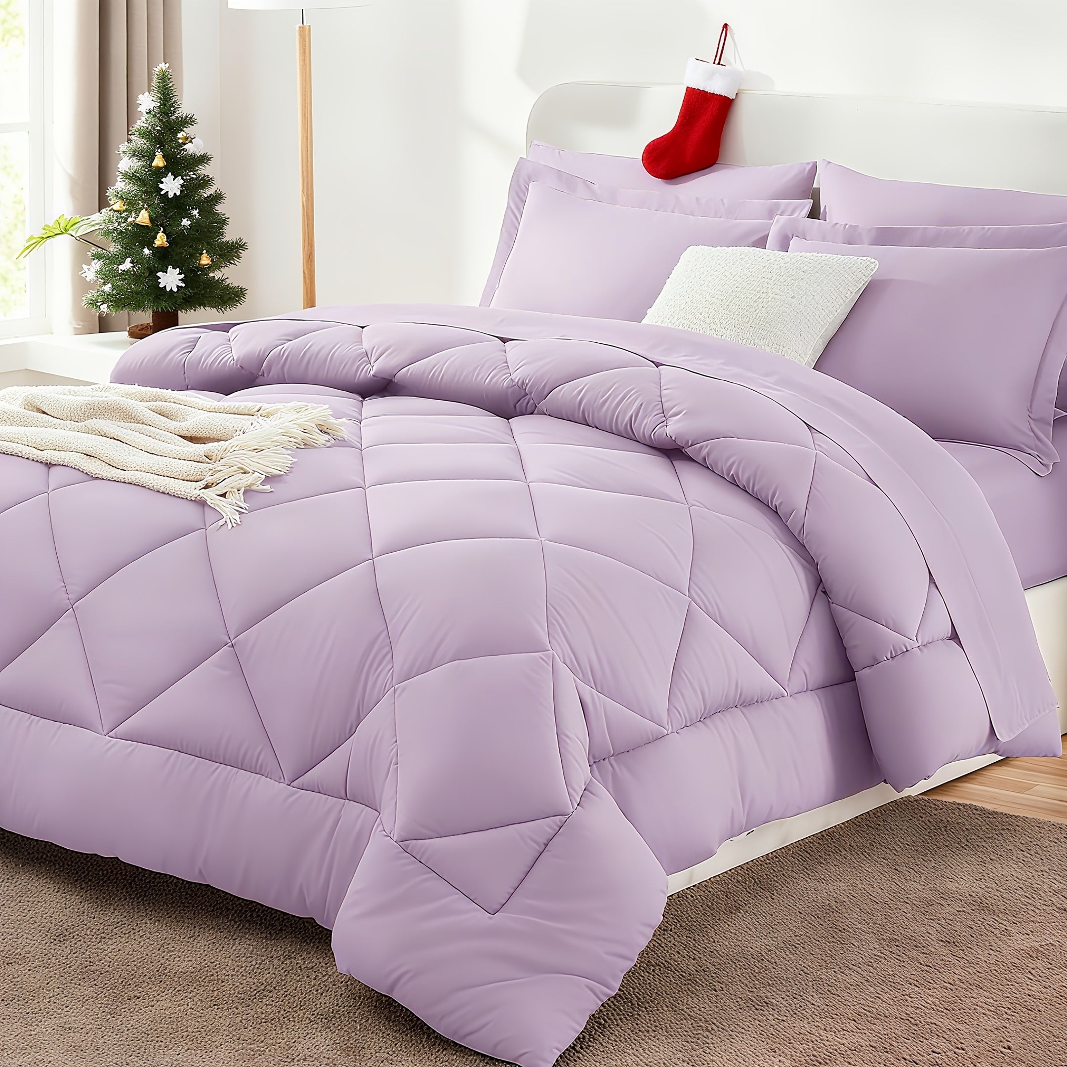 7pcs Quilting Comforter Collection - Soft Brushed Material - Box Stitch Pattern - Luxuriously Soft Bedding Ensemble Including Comforter - Complete Bedding with Comforter, Flat Sheet, Fitted Sheet, Pillowcases