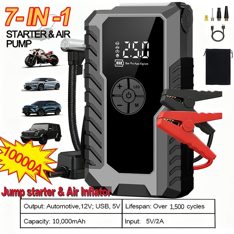 5000A Peak Car Jump Starter 10000mAh with Optional 150PSI Air Pump, LED Light & Digital Display, 12V Emergency Battery Booster for Trucks, SUVs, Motorcycles & Snowmobiles – Type-C USB Output