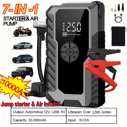 5000A Peak Car Jump Starter 10000mAh with Optional 150PSI Air Pump, LED Light & Digital Display, 12V Emergency Battery Booster for Trucks, SUVs, Motorcycles & Snowmobiles – Type-C USB Output