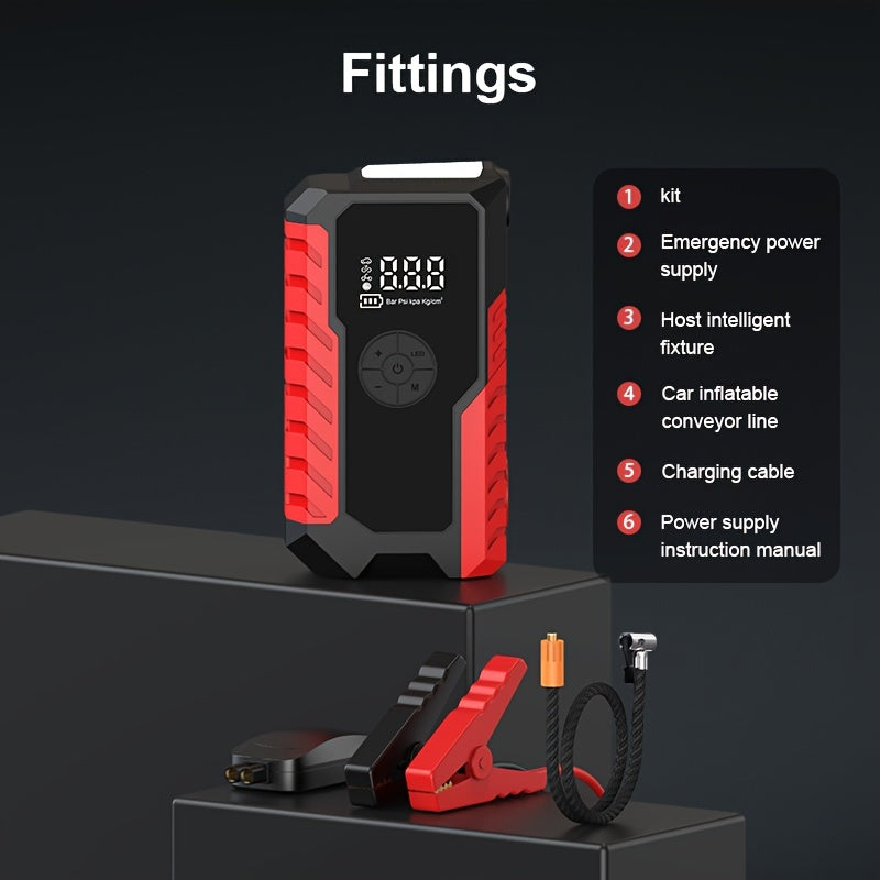 Portable Car Emergency Starter Power Supply | 12V Car Battery Charger With Optional 150Psi Air Pump, Led Light, Usb Type-C And Usb Output, Rechargeable Lithium Polymer Battery, Digital Display, Various Styles