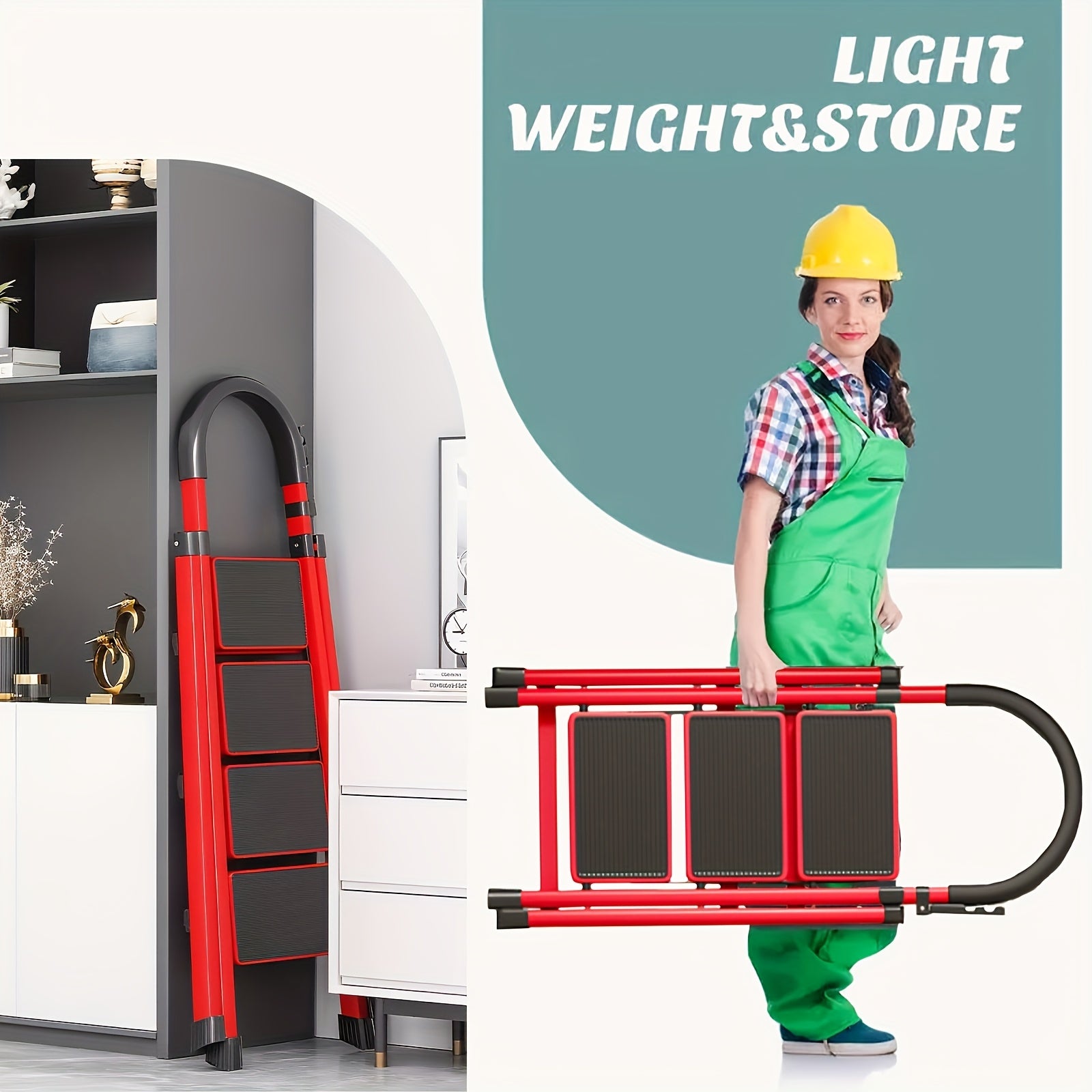 3/4/5 Heavy-duty Reinforced Foldable Ladder with A Maximum Load Capacity Of 450 Pounds, Foldable Step Ladder with A Tool Rack, Slip-resistant Steps, Sturdy Portable Steel Ladder with Handrails, Suitable for Both Home And Workplace Use, Red