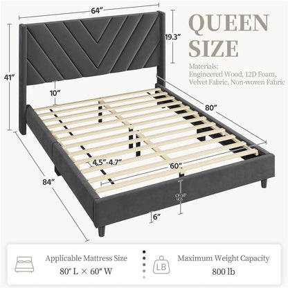 Upholstered Platform Bed with Tufted Headboard Wing Edge Wooden Slats Queen Full Bed Frame 800lb Capacity Beige Dark Gray Light Gray Pink - Canada