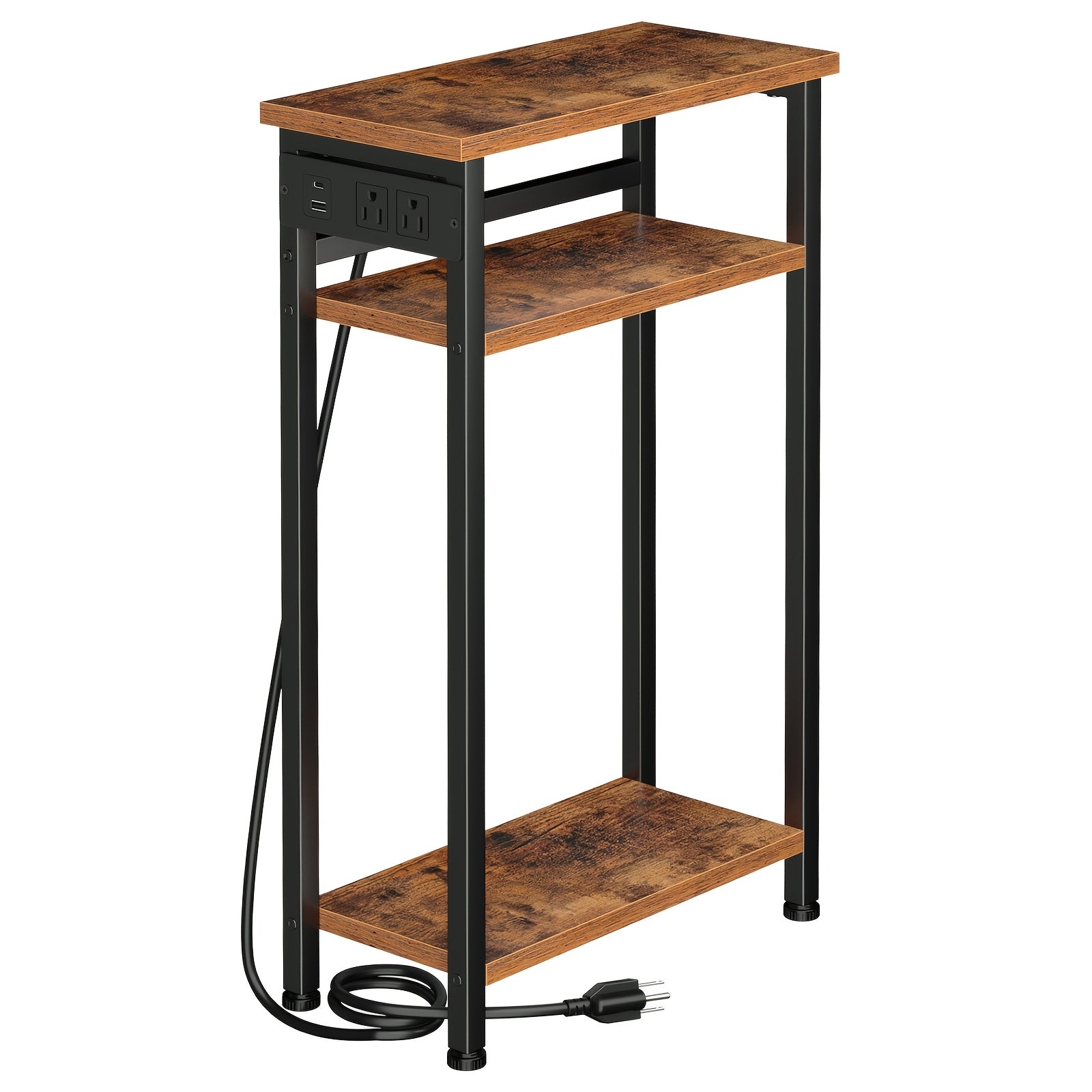 Narrow Side Table with Charging Station – 3 or 4 Tier, 2 USB + 2 Outlets, Small Space