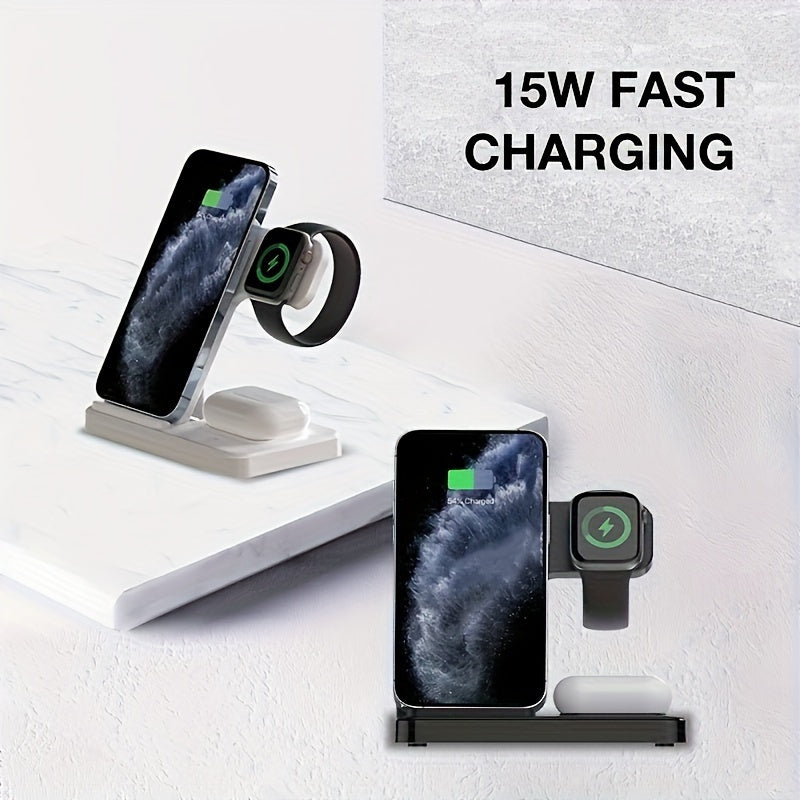Apple Ecosystem 3-in-1 Wireless Charging Station for iPhone 17 16 15 14 13 12 & iWatch 10 9 8 7 SE & AirPods 4 3 2 Pro – Anti-Slip Fast Charging Dock, Space-Saving All-in-One Charger Stand for Bedroom Office Travel