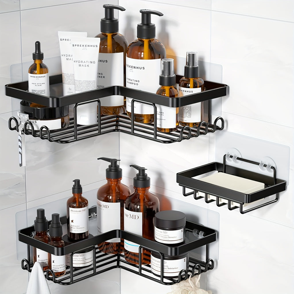 Shower Caddy 3-Pack Wall Mounted Corner Shower Organizer with Soap Holder & 8 Hooks - No Drilling Bathroom Shelf for Shampoo, Conditioner & Kitchen Countertop Storage